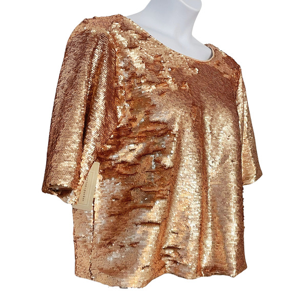Peyton & Parker XL Rose Gold Sequin Top Keyhole Tie Back Short Sleeve Lined New - Picture 2 of 11